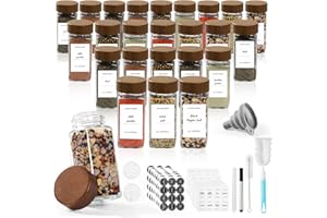 SXTIHD Tarros de especias de vidrio y madera, cuadrados, 24 × 120 ml. Juego de recipientes para especias con tapas de madera de acacia, etiqueta