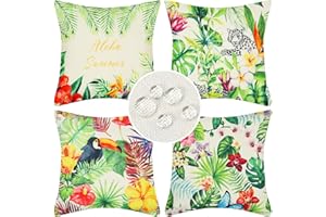 SERENTO Fundas de Cojín Exteriores 50x50cm Verano Planta Decorativa Lino Hogar Fundas Cojines Pájaro Tropicales Hojas Verdes Flores Fundas de Almohada para Patio al Aire Libre Jardín Silla Café Juego de 4