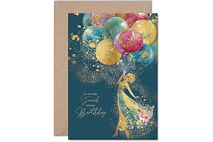GIFTZIE Gold Friend Birthday Card - Elegant Silhouette Balloons - Happy Birthday Card for Friend from Best Friends Bestie, 5x7 Inch Golden Luxury Floral Dress Bday Greeting Cards