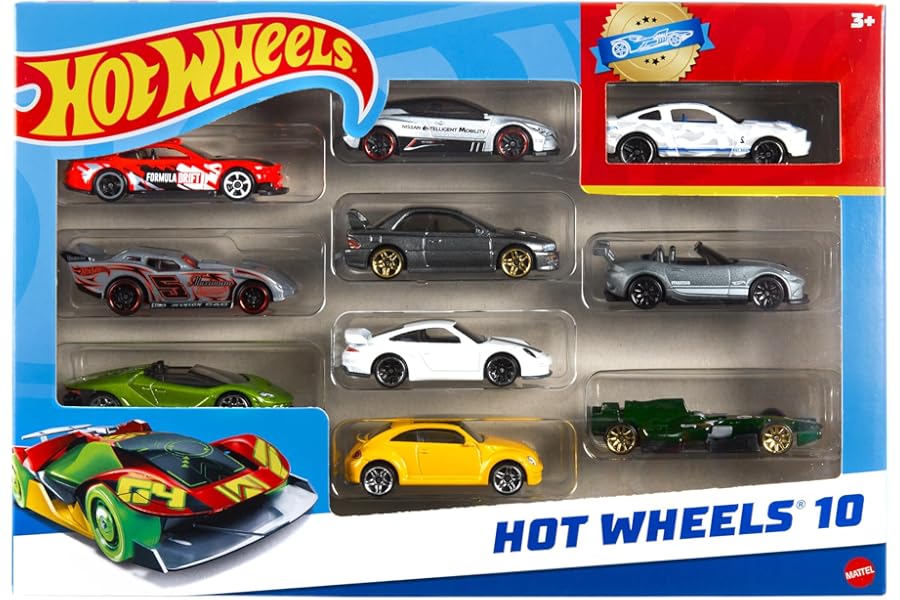 Hot Wheels Toy Cars & Trucks in 1:64 Scale (Assorted Styles, One Random Set), Set of 10, Multipack of Die-Cast Race or Police Cars, Hot Rods, Firetrucks or Vans (Styles May Vary), 54886