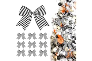 HONGSOME 12 Pcs Black White Stripe Bows Halloween Tree Decorations,6 Inch Fall Ornaments for Christmas Tree Front Door Holiday Gothic Party Wreath Wall Home Decor