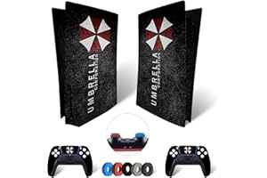 MaD Vision® Set de Skin Extra-Duraderas en Vinilo para PS5 Disc + 5 Pares de Aiming Rings|Kit Adhesivo y Resistente a los Arañazos para PlayStation 5 + 2 Controllers–para Resident evil Umbrella Diseño