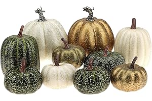 Kepfire 10 Pcs Artificial Pumpkins Autumn Decorations,High Grade Foam Pumpkin for Thanksgiving Halloween Table Centerpiece Fall Home Decor - Random Mix Color(Green&Gold&White)