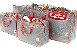 Christmas Village Set of 3 Christmas Storage Bags - 7ft Christmas Tree Storage Bag and 2 Decoration Storage Bags with Handles - Durable Xmas Storage Bag for Lights, Tinsel, Wreath (Grey)