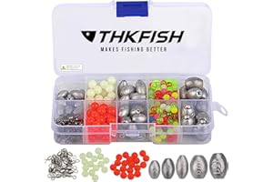 THKFISH Plomb Plomb Texas e Carolina Attrezzatura per la Pesca, 339pezzi/389pezzi spigola Pesca Proiettile Pesi per Sinkers da Pesca Ganci rotolamento barile Pesca girevoli Perline Anello