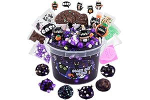 LAWOHO 300ml Black Cat Slime with Clay, Dark Purple Clear Slime Kit para niñas y niños con 9 paquetes Slime Add-Ins, Slime for Kids Party Favors, Slime Toys cumpleaños Halloween Navidad regalos de Pascua