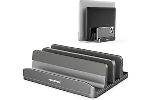 AboveTEK Pionowy stojak na laptopa, 3 przegródki na komputer, tablet, telefon - pasuje do wszystkich modeli laptopów (do 43.9 cm) - wytrzymały uchwyt biurkowy z polerowanego aluminium, antypoślizgowe