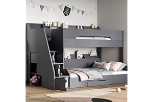 Flair Furnishings Small Double Bunk Beds for Kids, Staircase Bunk Bed with Storage, Heavy Duty and Sturdy, Cosy, Stylish, Space-Saving Design (Grey)