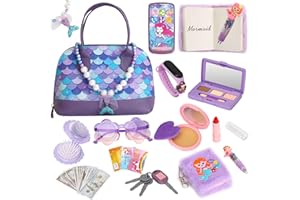 CMANLNYK Handtasche Mädchen Set mit Spiel-Make-up – Kreatives Rollenspielspielzeug, Mädchen im Alter von 3 bis 6 Jahren, Mit Tasche, Zubehör und Schminkset (Lila Meerjungfrau)