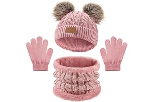 Warmiehomy Girls Hat Scarf and Gloves Set 3 in 1,Kids 3Pcs Winter Beanie Pompom Hat Fleece Lining Scarf Knitted Gloves Winter Accessories Sets for Aged 2-8 Children Outdoor Activities