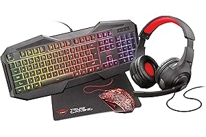 Trust Gaming GXT 1180RW USB Kit Cuffie, Tastiera Illuminata con 12 Tasti Multimediali e Anti-ghosting, Layout Italiano QWERTY, Mouse con 6 Pulsanti, Tappetino Antiscivolo - Nero