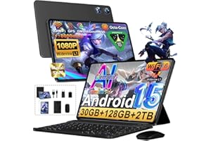 UJJ Android 15 Tablet con Teclado y Lapiz - 30 GB RAM+ 128 GB ROM(2 TB TF), Octa-Core, Gemini AI, Tablet 10 Pulgadas, Widevine L1, 8000mAh, 8MP+5MP, Face ID, GPS, 1280 * 800P WiFi 6/Bluetooth 5.0 - Negro