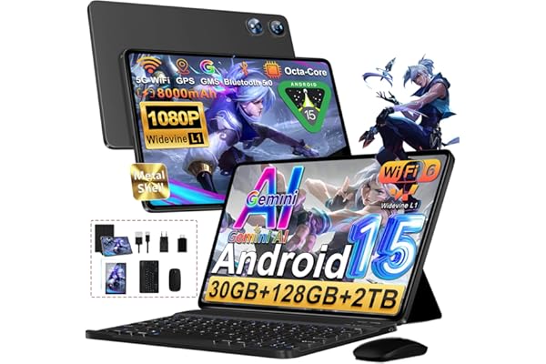 Tablet Android 15 Octa-Core 2.0GHz｜30GB RAM + 128GB ROM（Expandible 2TB ）｜8000mAh｜5G WiFi /Bluetooth 5.0｜Cámara Dual｜GMS Certificación Widevine L1｜5MP+8MP｜Tablet 10 Pulgadas con Teclado y Raton - Negro