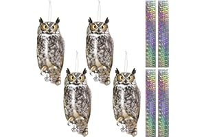 Lifreer Lot de 4 dispositifs réfléchissants anti-oiseaux en forme de chouette à suspendre - Décoration de chouette pour le contrôle des oiseaux avec ruban réfléchissant - Leurres en chouettes