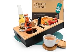 D&D Living® Pojemnik na kanapę – bambusowa konsola kanapowa, uchwyt na napoje i kubek, organizer na przekąski na sofę z otwieraczem do butelek