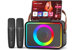 WOWSTAR Máquina de Karaoke con 2 micrófonos para Adultos y niños, Altavoz de Karaoke Bluetooth portátil para Adultos y niños, Sistema PA de Fiesta con Luces de Discoteca para reuniones, Regalos para la