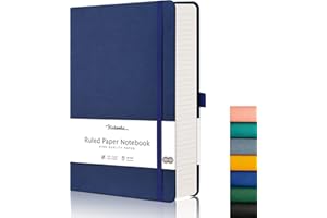 HIUKOOKA A5 Thick 320 Page Notebook Ruled 100gsm Paper Hardcover Leather Note Pads College Lined Journal with Dividers 320 Numbered Pages 21.4 x 14.5 cm for Office School Bussiness Write Note, Blue