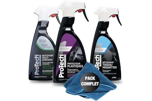 ProTechMC I Kit Nettoyage Intérieur Voiture - 3 Sprays 500 ml, Multi-Surfaces + Protecteur Plastiques + Détachant Tissus & Moquettes - Avec Chiffon Microfibre - Made in France