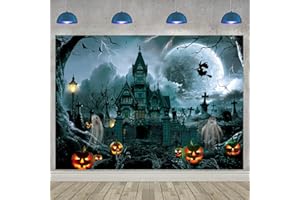 TENCOW Halloween-Hintergrund - Gruseliges Dunkles Nachtschloss, Schrecklicher Kürbis, Geist, Hexe, Friedhof - Fotografie-Hintergrund für Halloween-Party-Dekorationen, Studio-Requisiten, 240 x 180 cm