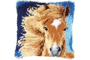 DATOU Knüpfteppich Kissenbezug Knüpfset Knüpfpackung Mit Tiermustern DIY Set Selber Machen Set Latch Hook Kit Für Kinder Und Erwachsene(Size:43X43CM,Color:Pferd)