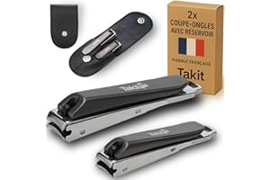 TAKIT Coupe Ongle Avec Réservoir En Acier Inoxydable [GARANTIE 5 ANS] Marque Française - Kit De 2 Coupe-ongles Petit Et Grand - Avec Lime Intégrée Et Étui De Rangement