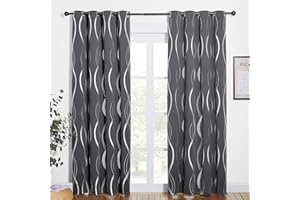 PONY DANCE Blackout Curtains, Grey, W46 x L84 Inch, Silver Wave Line Foil Printed, Thermal Insulated, Eyelet, for Baby Nursery, Bedroom, Living Room, 2 Panels