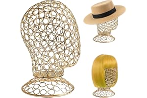 TINGSING Wig Head Stand Metal Hollow Mannequin Head Hat Display Stand Wig Holder, Dome + Detachable Stand, Wig Display Model Head Wig Stand for Hats, Wigs, Caps, Headdress, Glasses, Chrome Gold