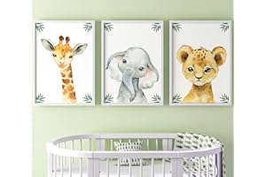 Eviepops Prints Ensemble Animaux Safari de 3 Impressions Sans Cadre pour Chambre d'enfant Fille ou Garçon, Décoration Chambre Posters Décoratifs Muraux, Eléphant Girafe Lion, Vert Marron Jaune (A4)