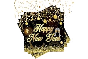 VILITI 20 Pcs Happy New Year Napkins,New Years eve Decorations 2025 Napkin Supplies,Black and Gold Napkins,for New Year's Eve Paper Party Serviettes Table Tableware Decoration(33 * 33cm)