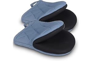 Goldmeet 1 Pair Short Oven Mitts, Heat Resistant Silicone Kitchen Mini Mitts for 500 Degrees, Non-Slip Grip Surfaces and Hanging Loop Glove, Baking Grilling Barbecue Microwave Machine Washable, Blue