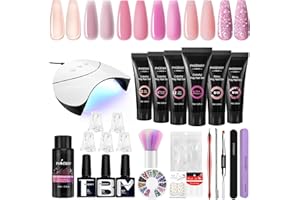 Kit Unghie Gel Completo, Phoenixy 6 Colori Rosa Gel Ricostruzione Unghie con Lampada per 36W U V/LED, Kit Ricostruzione Unghie Completo con Base y Top Coat