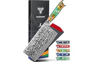 SANMUZUO Damas Couteau de Chef Chinois avec Lame 18 cm Professionnel Couteaux de Cuisine en VG-10 67 Couche Damas Acier avec Poignée en Résine(Orange Fantastique) - Xuan Série