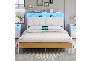 Brinlawb Cadre de Lit 140 x 190 avec Sommier en Métal, Lit 2 Personnes avec Lumières LED et Multiprise (2 Prises AC,2 Ports USB) lit Double 140x190cm avec Rangement, Facile à Assembler, Moderne, Blanc