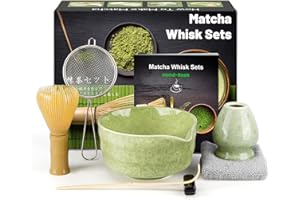 KURKIP Matcha Set, Ensemble de Fouet à Matcha, Japanisches Tee-Set mit Matcha Besen, Matcha Schale und Besenhalter aus Keramik, Matcha Löffel, Sieb, Teetuch, Matcha Zubehör(7 Teiliges), Grün gesprenkelt
