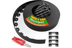 Graxury 10cm Hoch 12m Kein-Graben Rasenkante mit 60 Stück 20cm Kunststoff Erdanker & 4 Verbindungsstücke – Garten Rasenkanten-Set mit Schere für Landschaftsbau, Rasen, Blumenbeete und Garten