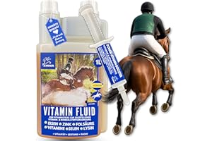 EMMA Chevaux Vitamines + Booster I Aliment minéral pour Chevaux Liquid I Vitamine E B Complexe B12 Fer Sélénium Zinc Cheval I Vitamine b1 b6 Renforcer Le système immunitaire Aliment reconstituant 1L 30ml