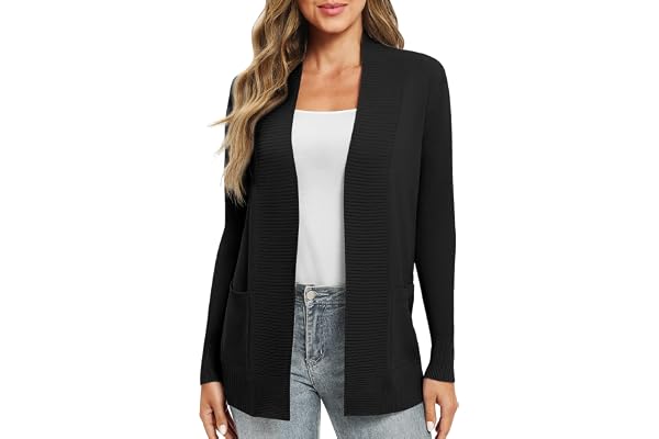 EXCHIC Dam vardaglig långärmad stickad cardigan lätt bekväm öppen framsida långa tröjor med fickor