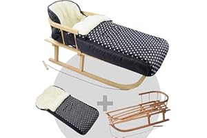 BAMBINIWELT BY RAFAEL K. Bambiniwelt, slittino combinato in legno con schienale e corda da traino, incluso sacco a pelo universale invernale (108 cm), adatto anche per carrozzine e passeggini, in lana, nero a pois bianchi