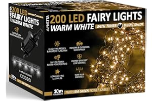 NETTA Christmas Tree Lights 200 LED 10m Fairy String Lights Plug in with Timer and Memory Functions for Outdoor/Indoor Use -Warm White