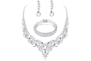JeryWe Bridal Wedding Jewellery Set for Women Crystal Rhinestones Sliver Necklace Dangle Earrings Bracelet Set for Bridal Bridesmaid Necklace for Wedding Party Prom Costume Jewellery Set