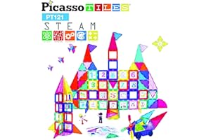 PicassoTiles Juego de construcción de Bloques de construcción magnéticos Master Builder de 121piezas, Bloques de Azulejos magnéticos con camión,2figuras de acción de Personajes,28 números y Animales