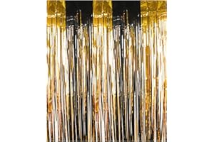 Drucilla Rideau Métallique de Frange, Rideau à Franges Aluminium Brillant pour décorer Toile de Fond Anniversaire/Porte/Fenêtre/Fête/Mariage/Mur, Or Noir