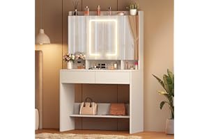 YITAHOME Toaletka z oświetleniem LED, toaletka z lustrem, 3 kolory z regulacją jasności, toaletka z lustrem, regulowane półki, 2 szuflady nowoczesna (biała)