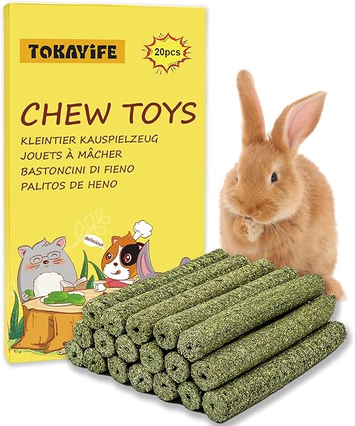 TOKAYIFE Juguetes Masticar para Conejos, Palitos de Heno Timothy para Conejos, Cobayas, Hámsters, Chinchillas (20 Unidad) - 1