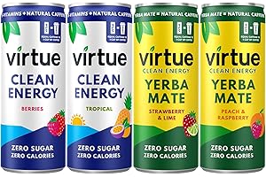 Virtue Natural Energy Mixed Pack - 16 x Clean Energy Drinks - Sugar Free, Zero Calories, Vegan, Vitamin B (16 x 250ml) [Berries, Tropical, Strawberry & Lime, Peach & Raspberry]