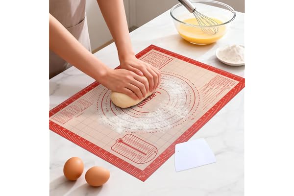 Lazymi Antidérapant Tapis de Cuisson en Silicone extra épais, Anti-Adhérent Feuille de Cuisson Patisserie avec Mesures, Tapis de Four pour Pizza/Biscuit/Pâte (avec Coupe-Pâte) (40×50 cm, Rouge)