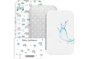 NesriToy Baby Spannbettlaken 60 x120cm, 3er Set Spannbetttuch für Babybett & Kinderbet, 2X Spannbettlaken Oeko-Tex Standard 100, 1X Matratzenschoner aus 100% wasserdichtem (Elefant + weiße Punkte)