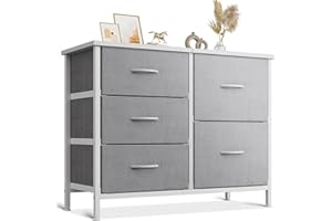 Coleshome Comoda Dormitorio, con 5 Cajones de Tela, Comoda Cajones Utiliza Encimera de Madera y Estructura de Acero, Ideal para Dormitorio y Sala de Estar, 76 x 29 x 60 cm, Gris Claro