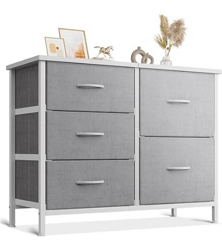 DUMOS Antonia Commode voor slaapkamer met 5 stoffen laden, kleine commode organizer eenheden voor kleding, kast, kinderkamer, opbergtoren met kast, metalen frame, houten plaat, licht