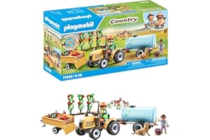 PLAYMOBIL Country 71442 Trattore con rimorchio e cisterna, raccolto fresco in fattoria, imparare a conoscere l'ambiente, giochi di ruolo divertenti, giocattolo sostenibile per bambini dai 4 anni in su